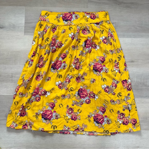 Modcloth Yellow Floral Swinging Saddles Midi Skirt - Picture 3 of 7